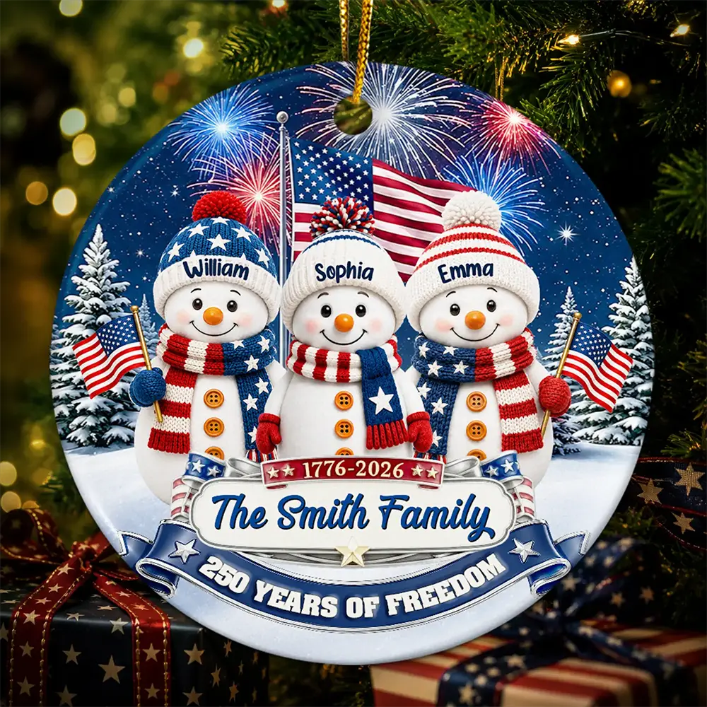 Snowman 250 Years Of Freedom Anniversary - Personalized Circle Ceramic Ornament