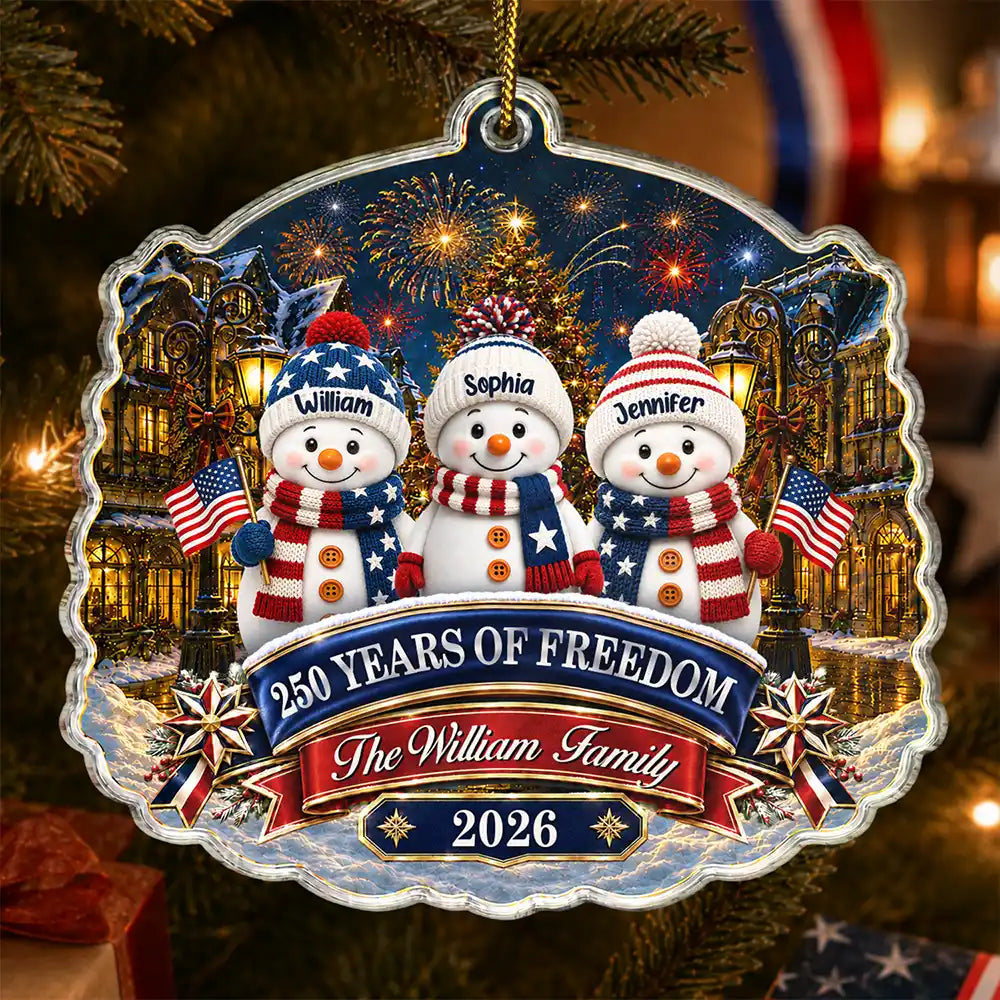 Snowman Family 250 Years Of Freedom Anniversary - Personalized Custom Shaped Acrylic Ornament