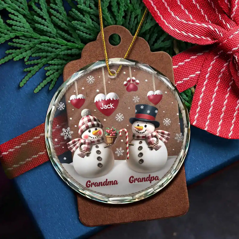 Happy,Gift For Grandma,Gift For Grandpa,Gift For Grandparents,Christmas - Snowman Grandma Grandpa Grandkids - Personalized Circle Glass Ornament
