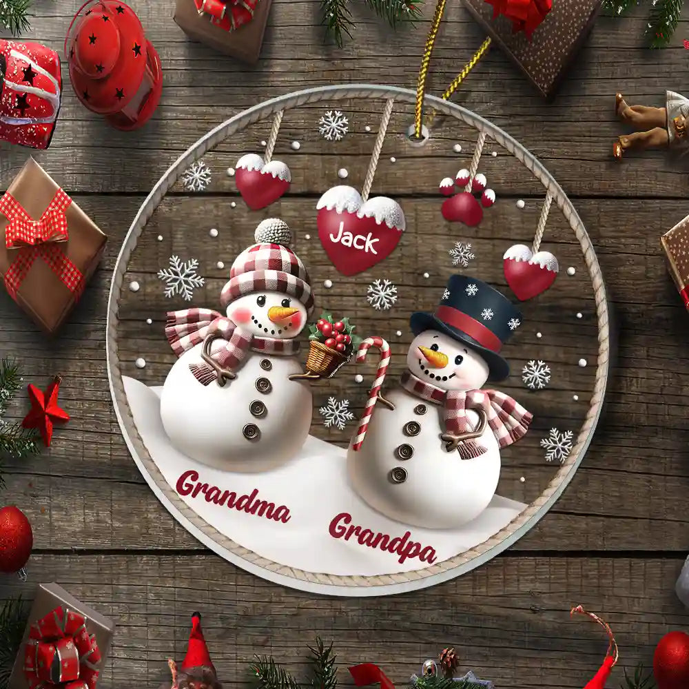 Happy, Gift For Grandma, Gift For Grandpa, Gift For Grandparents, Christmas - Snowman Grandma Grandpa Grandkids - Personalized Custom Shaped Acrylic Ornament