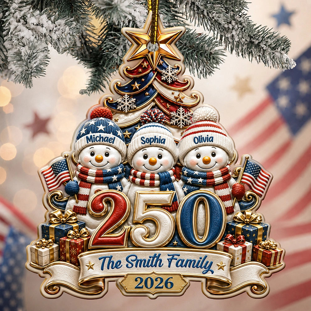 Snowman US Family 250 Years Of Freedom Anniversary - Personalized Embossed Ornament