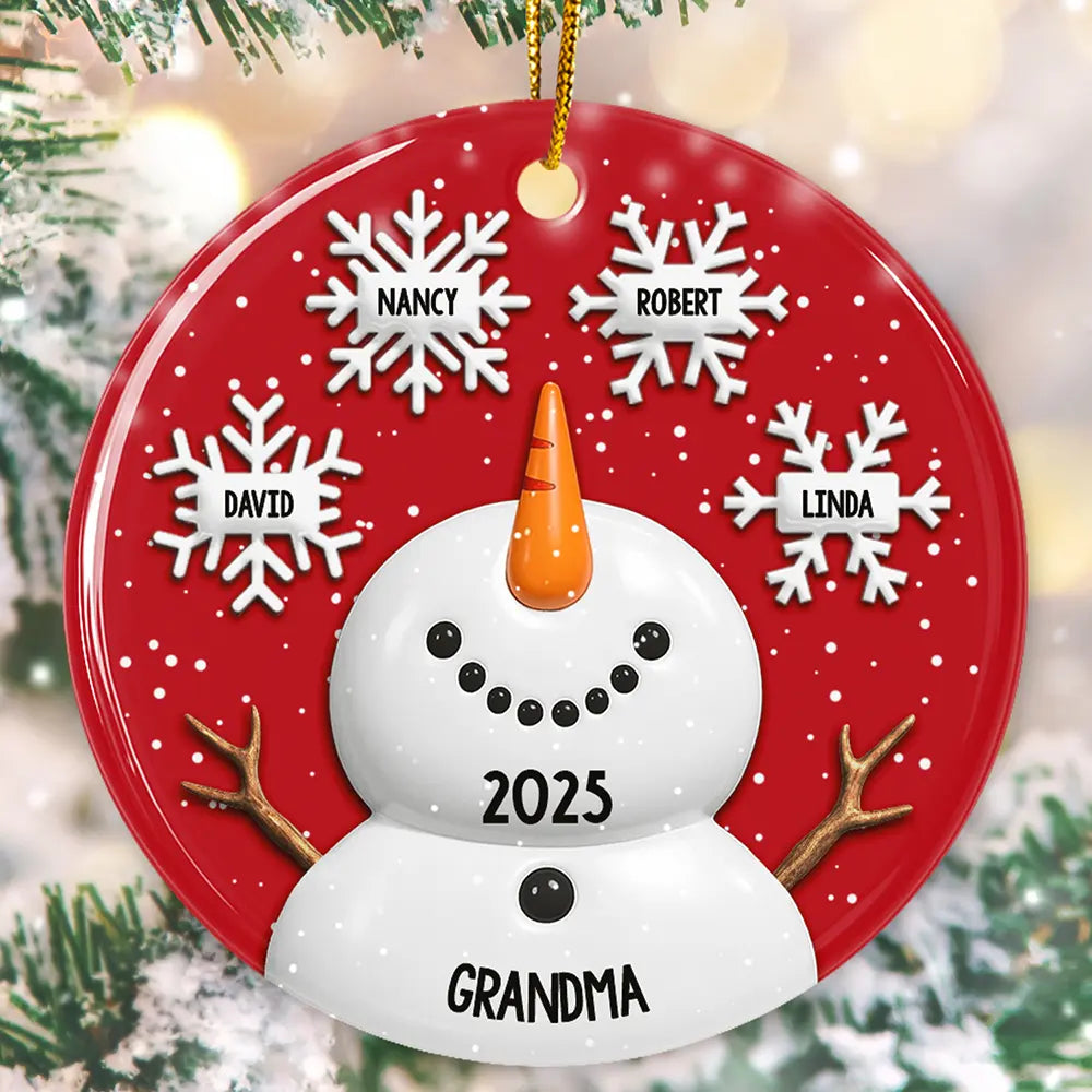 Gift For Grandma,Gift For Mother,Happy,Christmas - Snowy Grandma Nana Snowflake Grandkid Name - Personalized Circle Ceramic Ornament