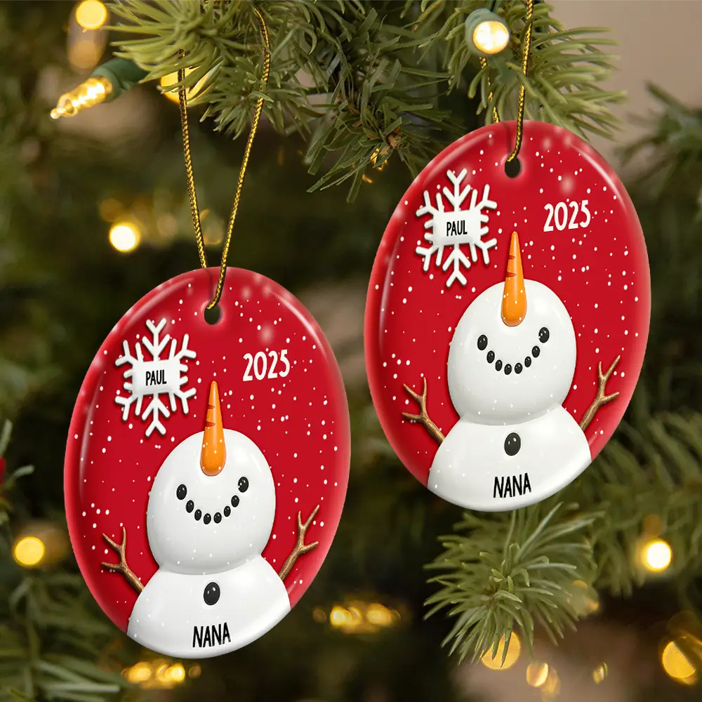 Gift For Grandma,Gift For Mother,Happy,Christmas - Snowy Grandma Nana Snowflake Grandkid Name - Personalized Circle Ceramic Ornament