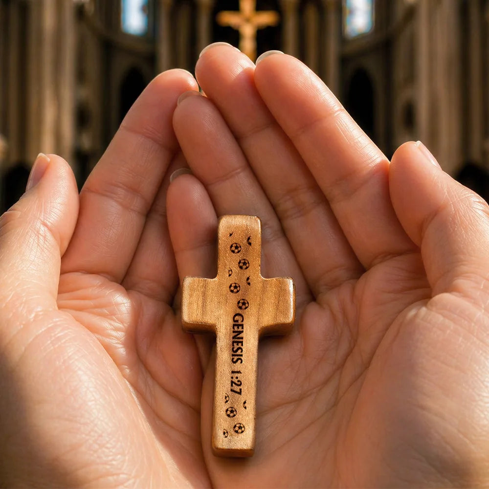 Gift For Father, Football (Soccer), Devoted, Custom Text - Soccer Keepsake With Name - Personalized Wooden Pocket Prayer Cross