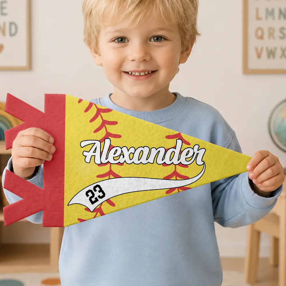 Confident,Back To School,Softball,Gift For Kids,Custom Text - Softball Player With Name & Number - Personalized Pennant