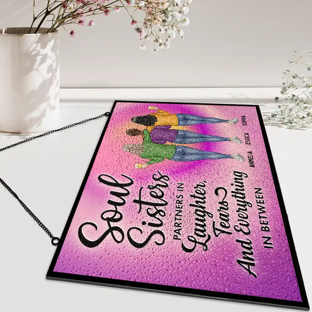 Gift For Bestie, Funny - Soul Sisters Partners In Everything - Personalized Horizontal Stained Glass Suncatcher