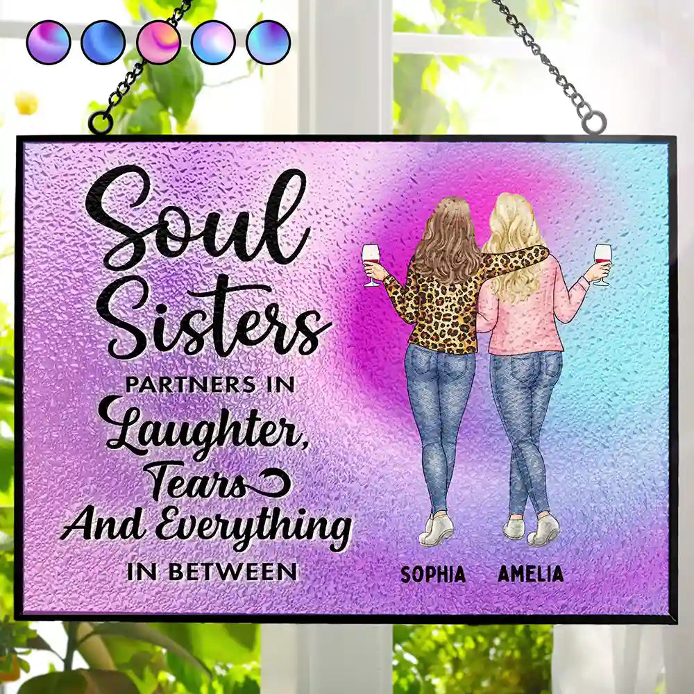 Soul Sisters Partners In Everything - Personalized Horizontal Stained Glass Suncatcher