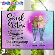 Gift For Bestie, Funny - Soul Sisters Partners In Everything - Personalized Horizontal Stained Glass Suncatcher
