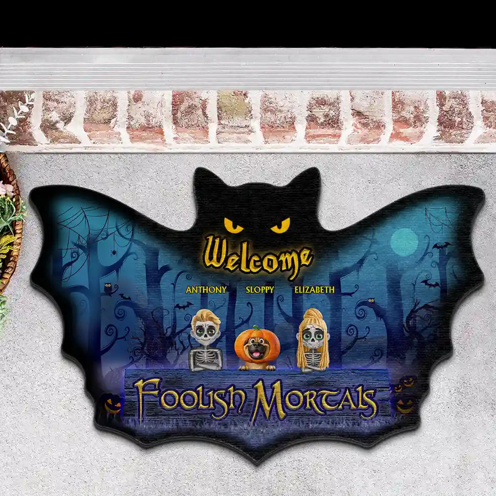 Halloween, Pet Couple, Funny - Spooky Wings Welcome Foolish Mortals - Personalized Custom Shaped Doormat