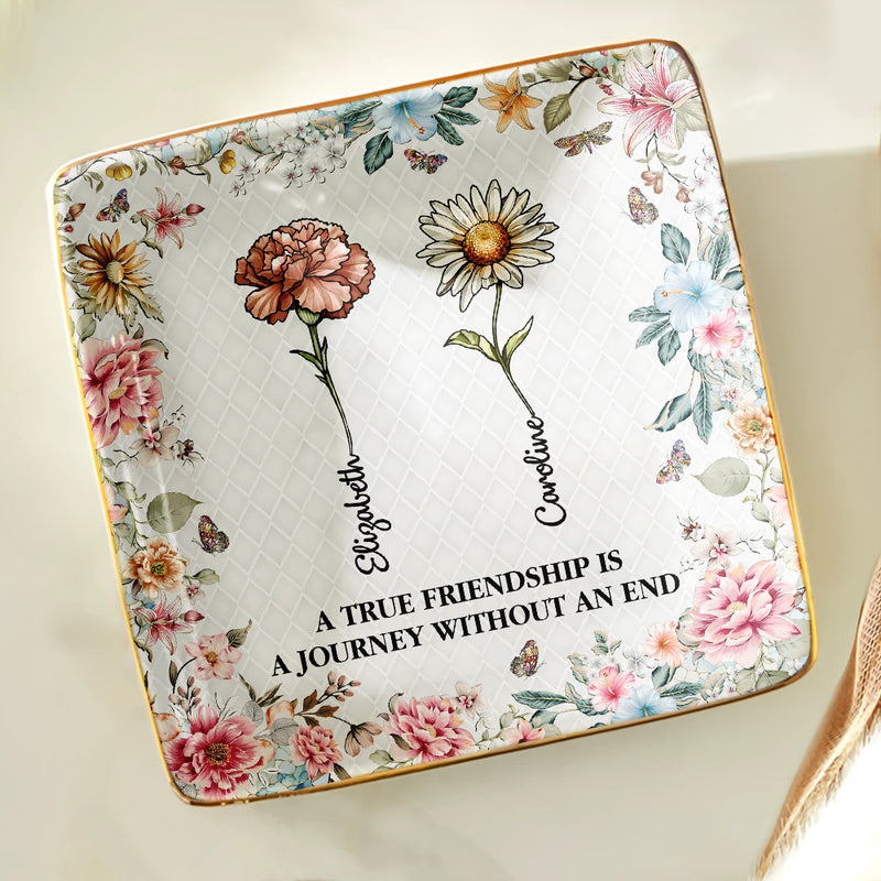 Gift For Bestie,Love - Stained Glass Birth Flower Mosaic Art Friendship Is A Journey - Personalized Ring Dish