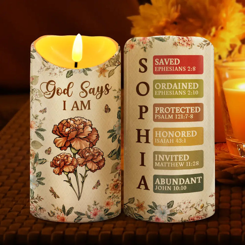 Gift For Yourself, Gift For Women, Christmas, Christian, Happy, Top Market - Stained Glass Birth Flower Mosaic Art God Says I Am - Personalized Flameless LED Candle