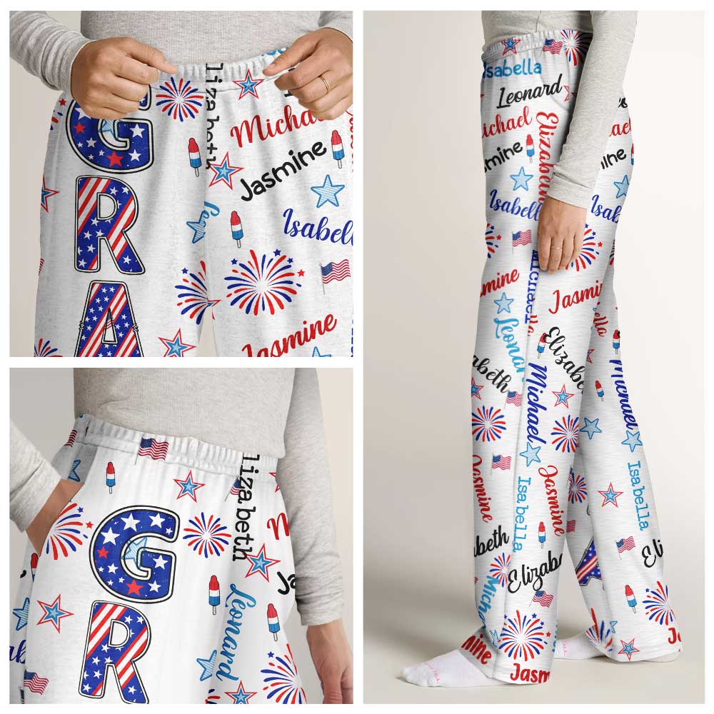 Independence Day,Gift For Grandpa,Gift For Grandma,Gift For Father,Gift For Mother,Proud - Stars & Stripes Grandpa Grandma Kid Name - Personalized Pajama Pants