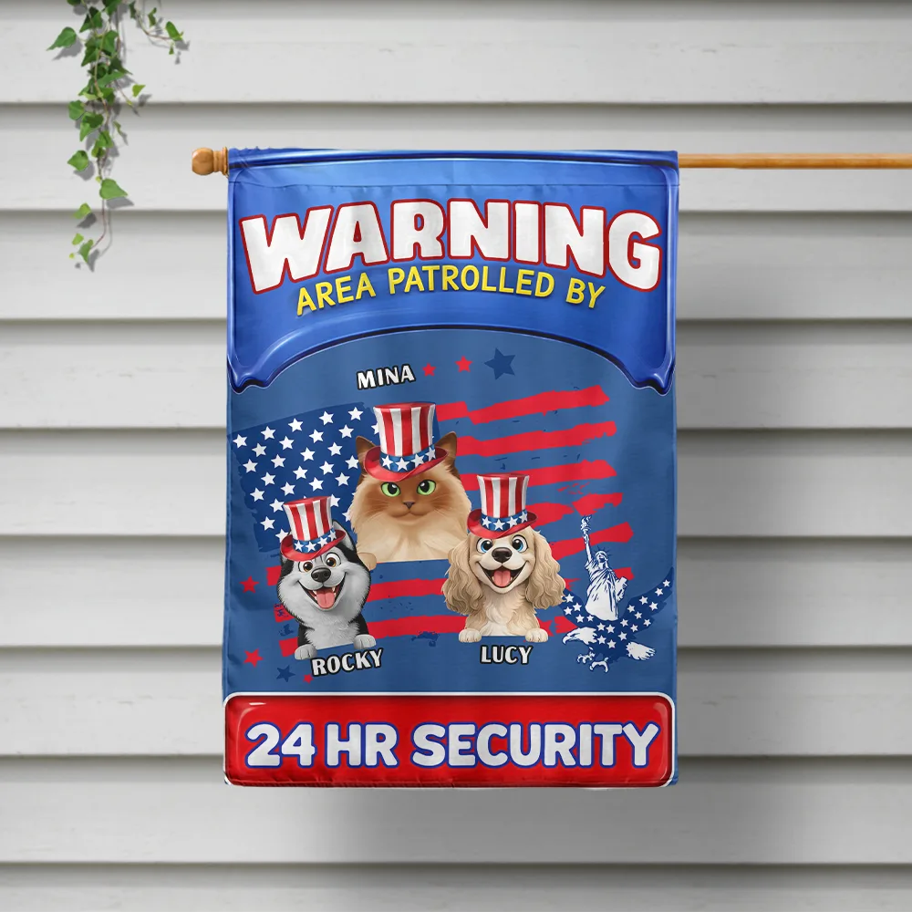 Independence Day,America 250th,Dog Lovers,Dog Mom,Dog Dad,Family,Happy,Cat Lovers,Cat Mom,Cat Dad,Pet Lovers,Pet Mom,Pet Dad - Stars And Stripes Area Patrolled By - Personalized Flag