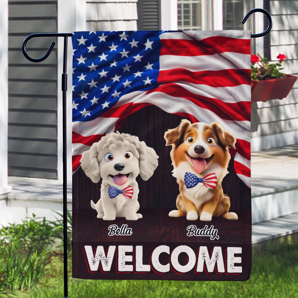 Pet Lovers,Dog Lovers,Cat Lovers,Family,Happy,Top Market,Independence Day - Stars And Stripes Dog Cat Welcome - Personalized Flag