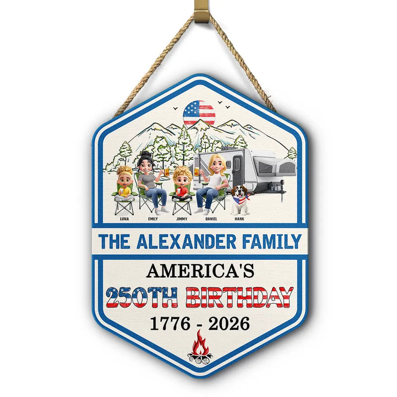 Independence Day, America 250th, Family, Camping, Happy - Stars And Stripes Family Camping On The Fourth Of July - Personalized Custom Shaped Wood Sign