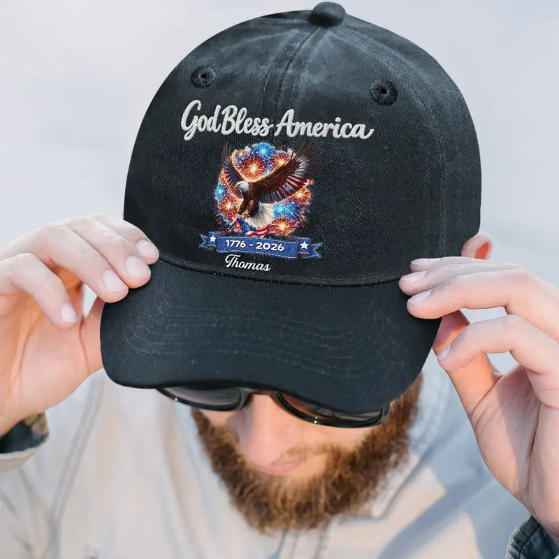 Independence Day,America 250th,Gift For Men,Gift For Women,Gift For Yourself,Happy - Stars And Stripes Faux Embroidery Effect God Bless America - Personalized Vintage Washed Denim Cap