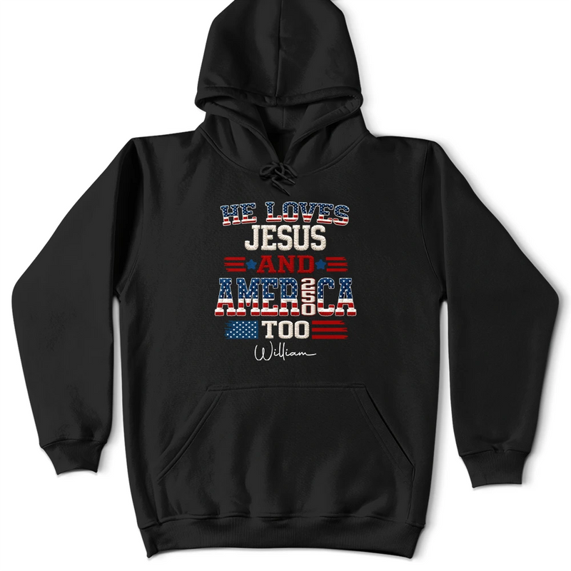 Independence Day, America 250th, Gift For Yourself, Gift For Men, Gift For Women, Happy - Stars And Stripes Faux Embroidery Effect Love Jesus And America - Personalized T Shirt