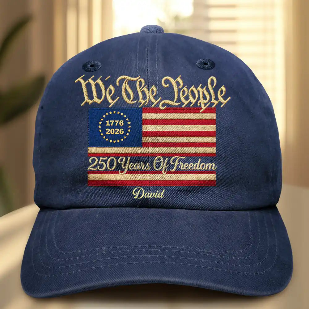 Stars And Stripes Faux Embroidery Effect We The People - Personalized Vintage Washed Denim Cap