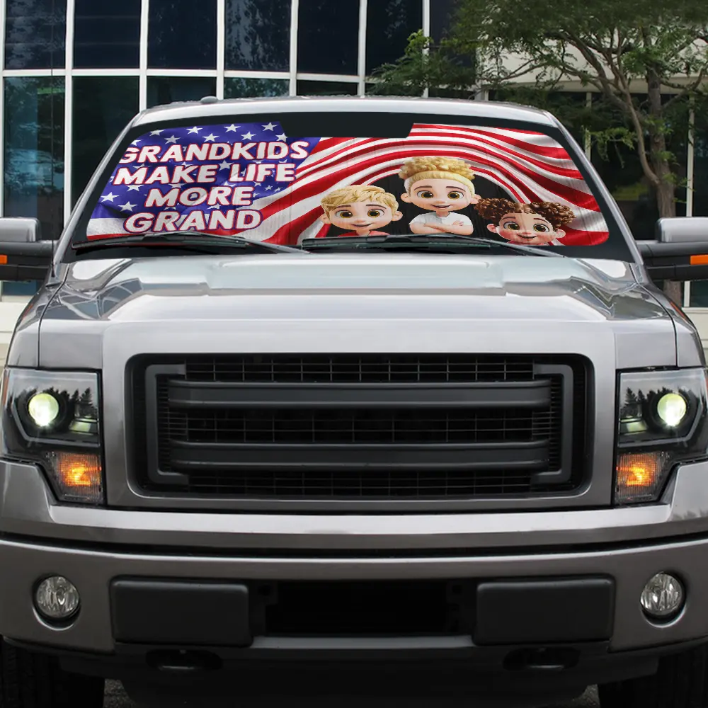 Independence Day,Gift For Grandparents,Gift For Grandpa,Gift For Grandma,Happy,Family,Travel,Vector - Stars And Stripes Grandkids Make Life More Grand - Personalized Auto Sunshade