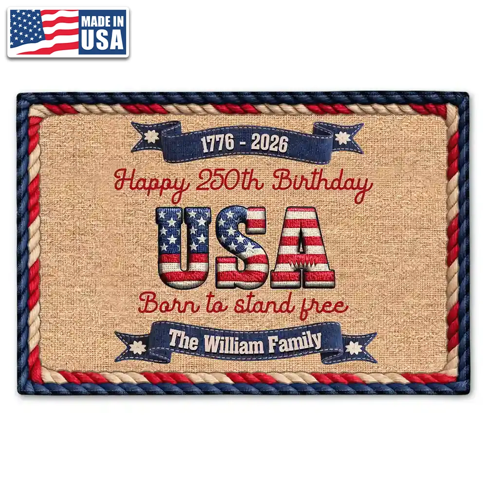 Stars And Stripes Happy USA 250Th Birthday Embroidery Effect - Personalized Doormat