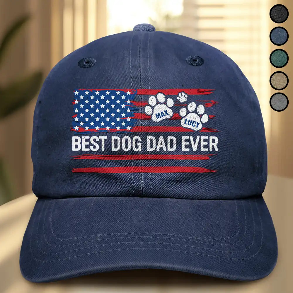 Stars And Stripes Paw Dog Cat Dad - Personalized Vintage Washed Denim Cap