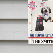 Independence Day,America 250th,Dog Lovers,Dog Mom,Dog Dad,Family,Happy,Cat Lovers,Cat Mom,Cat Dad,Pet Lovers,Pet Mom,Pet Dad - Stars And Stripes Welcome To Our House - Personalized Flag