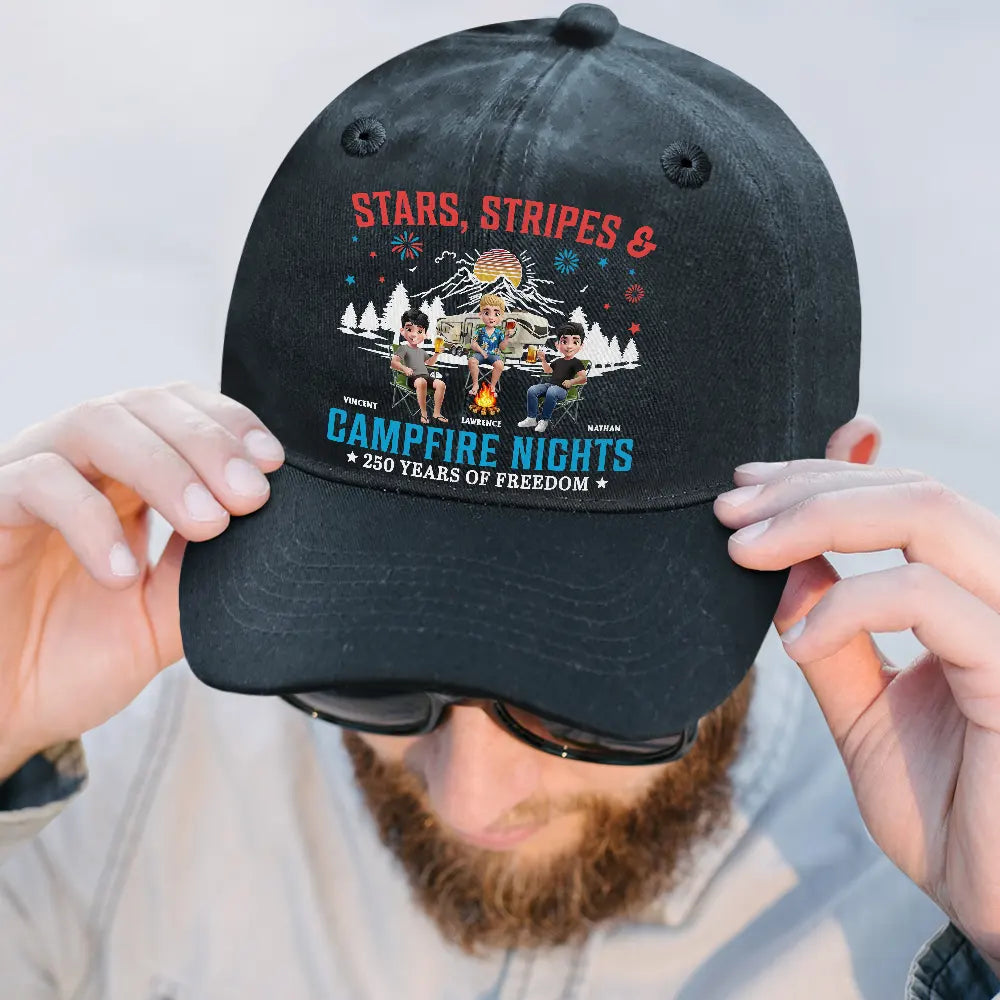 Gift For Couples,Gift For Husband,Gift For Wife,Gift For Boyfriend,Gift For Girlfriend,Gift For Bestie,Gift For Sibling,Gift For Sisters,Gift For Brothers,Camping,Independence Day,Happy - Stars Stripes & Campfire Nights - Personalized Vintage Washed Denim Cap