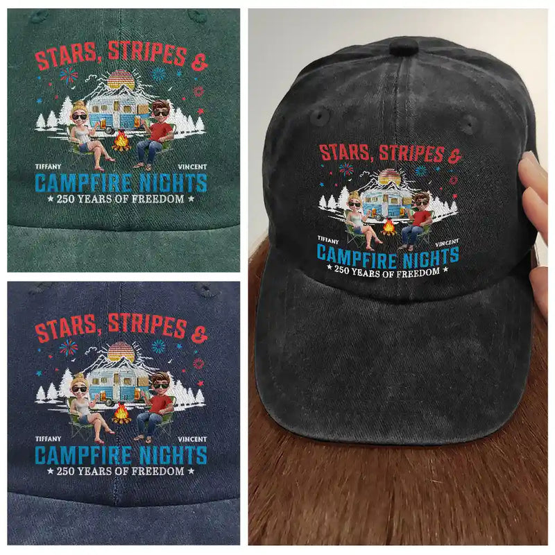 Gift For Couples,Gift For Husband,Gift For Wife,Gift For Boyfriend,Gift For Girlfriend,Gift For Bestie,Gift For Sibling,Gift For Sisters,Gift For Brothers,Camping,Independence Day,Happy - Stars Stripes & Campfire Nights - Personalized Vintage Washed Denim Cap
