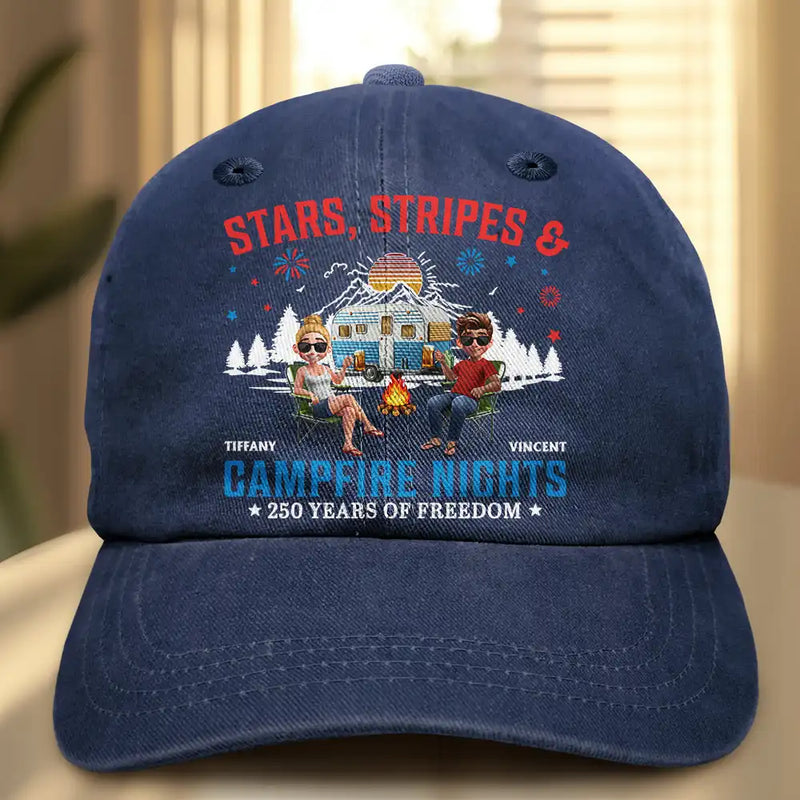 Gift For Couples,Gift For Husband,Gift For Wife,Gift For Boyfriend,Gift For Girlfriend,Gift For Bestie,Gift For Sibling,Gift For Sisters,Gift For Brothers,Camping,Independence Day,Happy - Stars Stripes & Campfire Nights - Personalized Vintage Washed Denim Cap