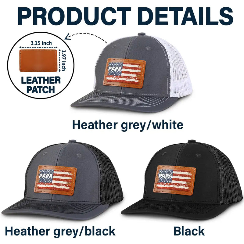 Gift For Grandpa, Gift For Father, Happy - Stars & Stripes Dad Grandpa Names - Personalized Leather Patch Hat 