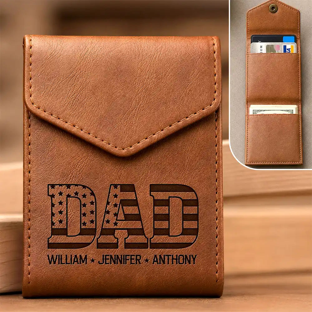 Gift For Father, Independence Day, Proud, Custom Text - Stars & Stripes Dad Papa - Personalized Leather Slim Wallet