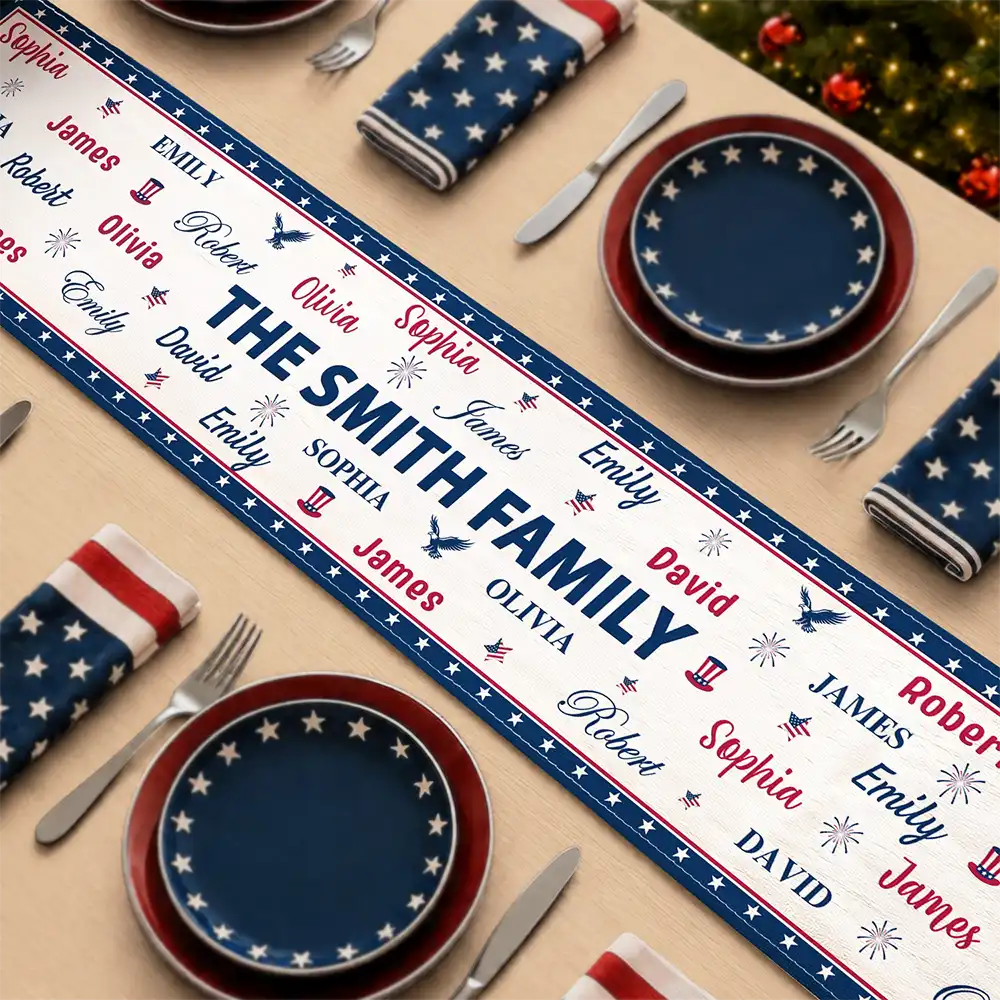Sentimental, America 250th, Christmas, Family, Custom Text - Stars & Stripes Family Name Christmas - Personalized Table Runner