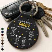 Gift For Father,Gift For Grandpa,Happy,Non-Eng,Icon - Stick Figures Drive Safe Daddy Grandpa - Personalized Custom Shaped Leather Keychain