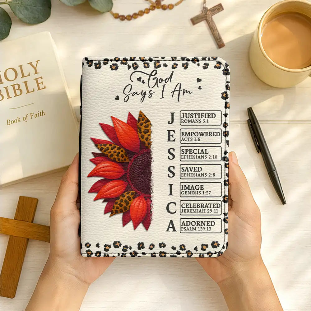 Christian, Christmas, Gift For Yourself, Gift For Grandma - Sunflower Bible Verse God Says I Am - Personalized Bible Cover