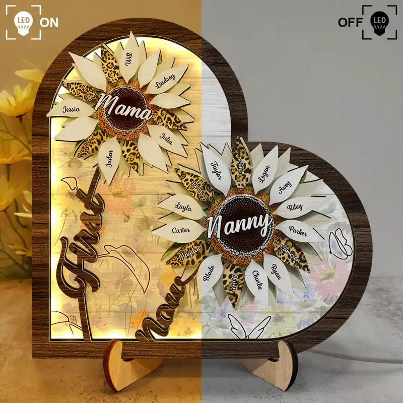 Gift For Mother,Gift For Grandma,Love - Sunflower First Mom Now Grandma - Personalized LED Light Wooden Plaque
