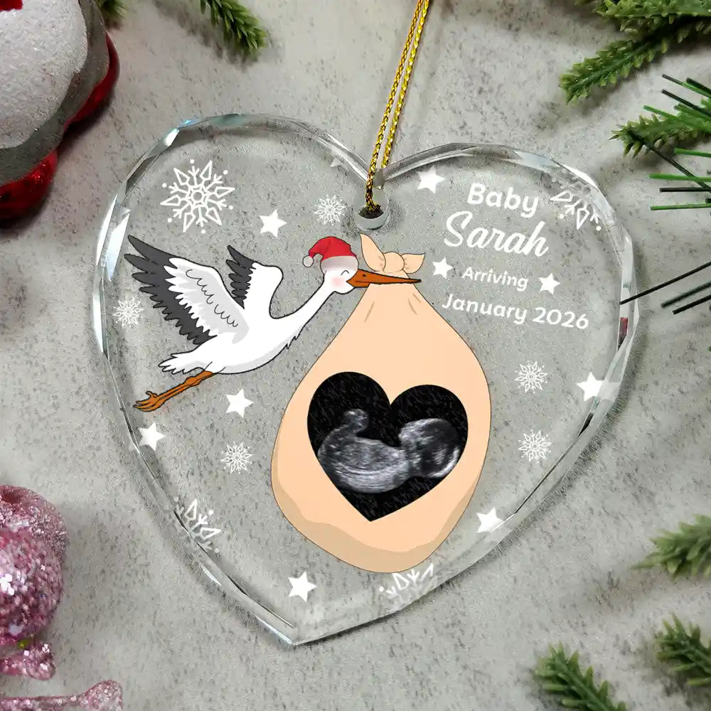 Christmas,New Mom,Pregnant Mom,Family,Happy - Custom Photo Sweet Baby Arriving Stork Pregnancy Announcement - Personalized Heart Shaped Glass Ornament