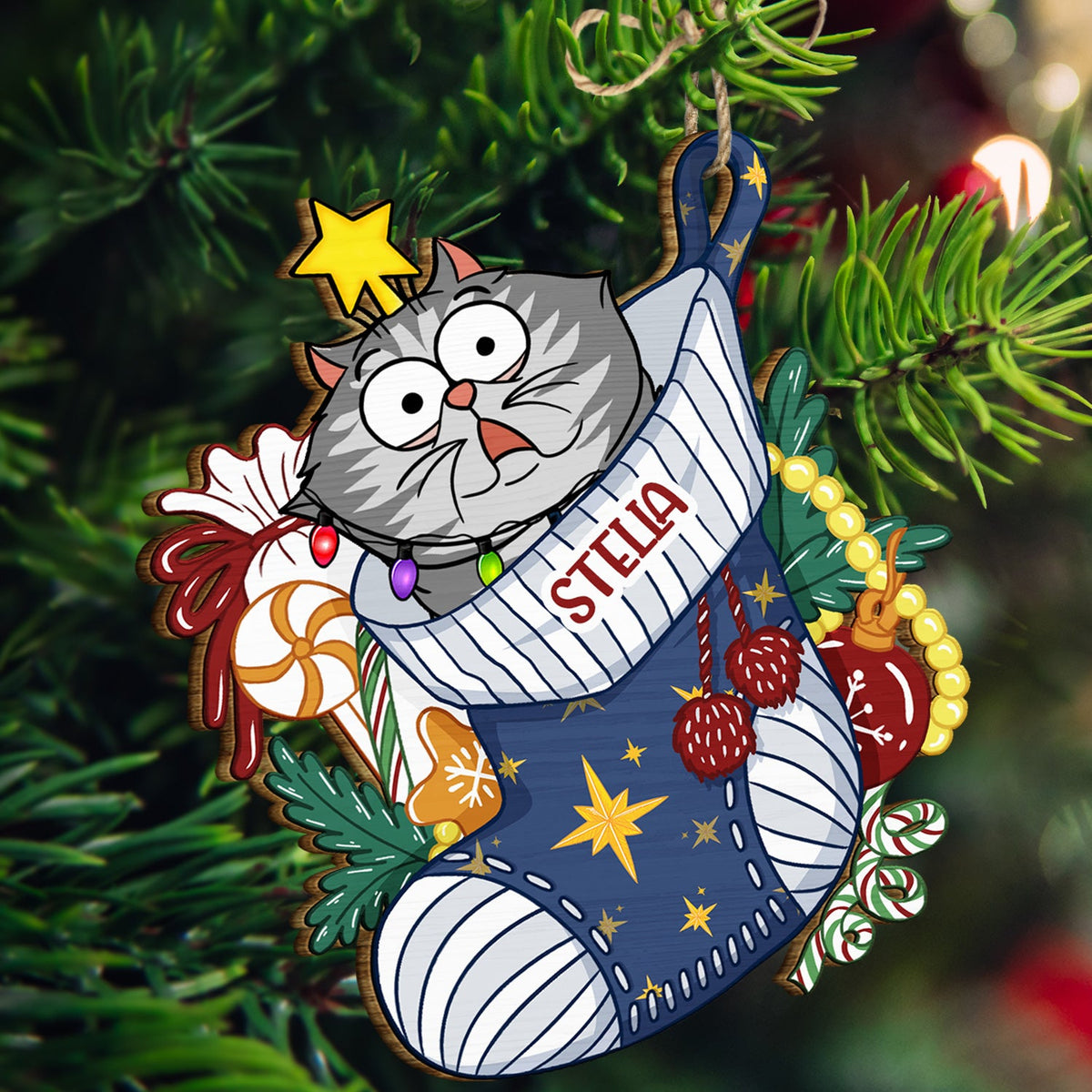 Cats In Stocking Xmas Pattern - Christmas Gift For Cat Lovers - Personalized Wooden Cutout Ornament