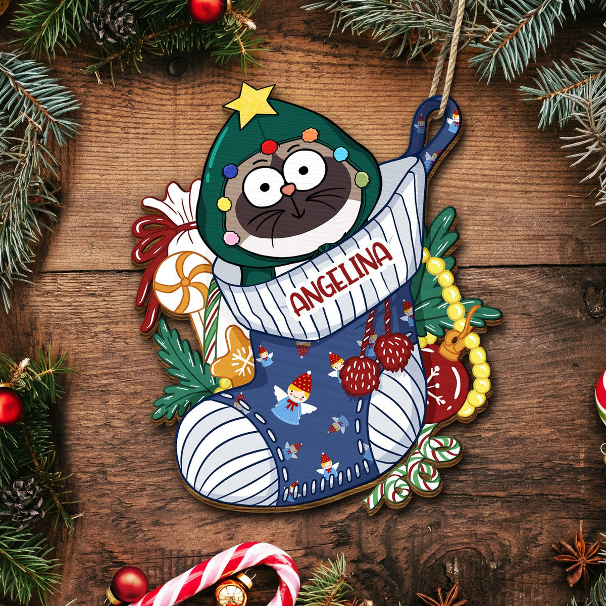 Cats In Stocking Xmas Pattern - Christmas Gift For Cat Lovers - Personalized Wooden Cutout Ornament