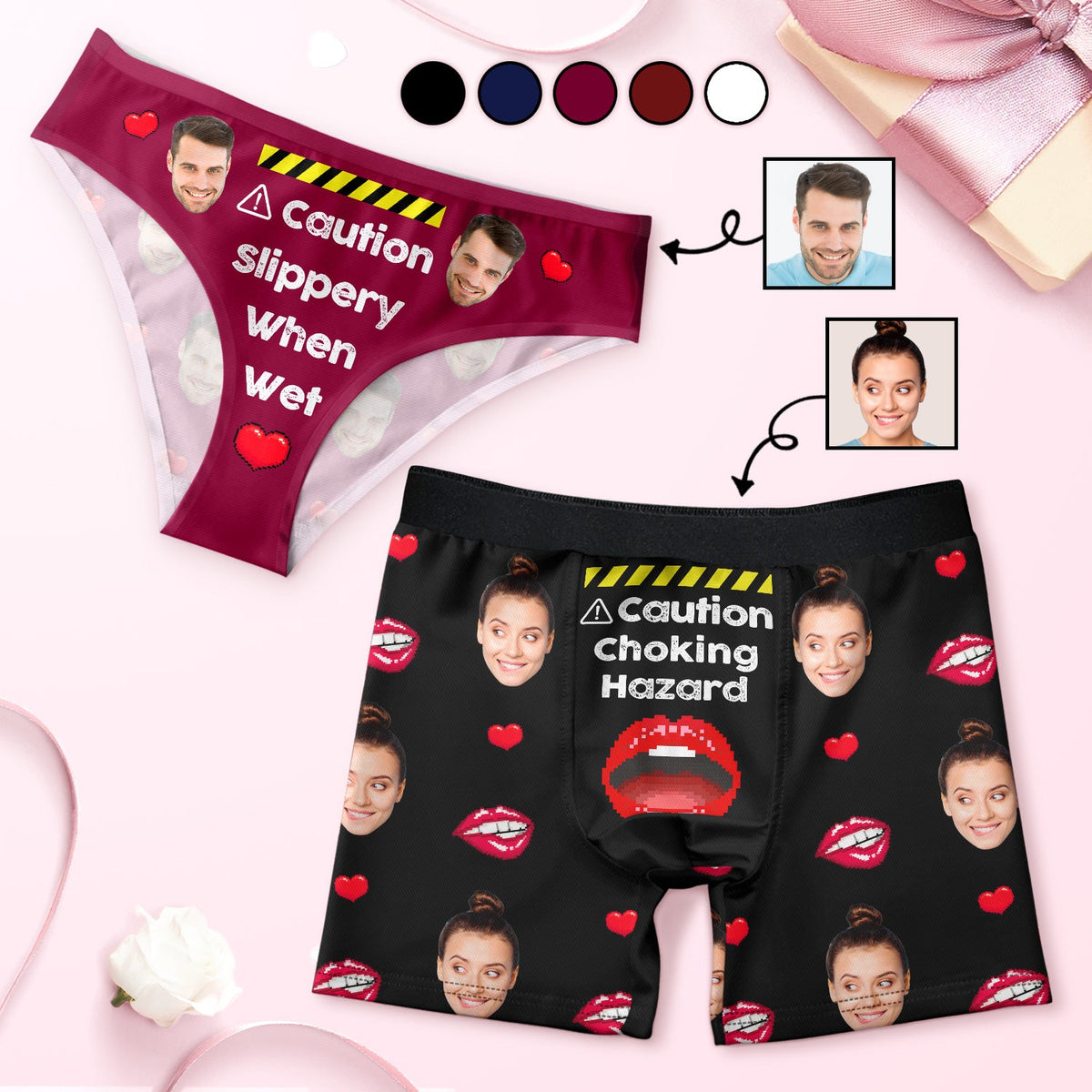 Custom Photo Caution Slippery When Wet Choking Hazard - Anniversary, Funny Gift For Spouse, Husband, Wife - Personalized Couple Matching Underwear Briefs