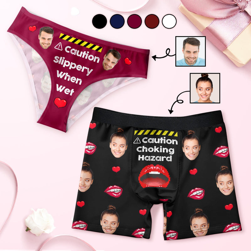 Custom Photo Caution Slippery When Wet Choking Hazard - Anniversary, Funny Gift For Spouse, Husband, Wife - Personalized Couple Matching Underwear Briefs