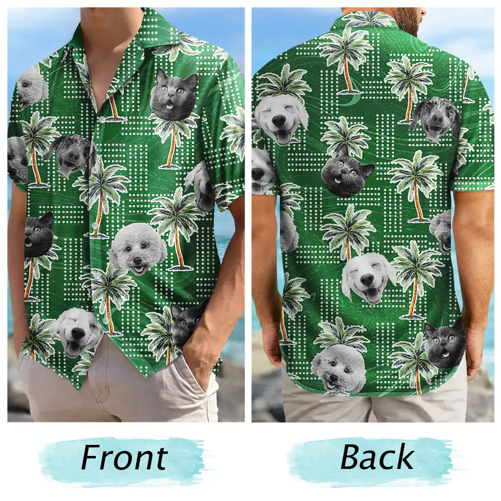 Custom Photo Pets Kids And More Vintage Palm Trees - Personalized Hawaiian Shirt