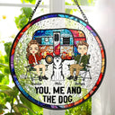 You & Me And The Dogs Camping - Personalized Stained Glass Window Hanging Suncatcher