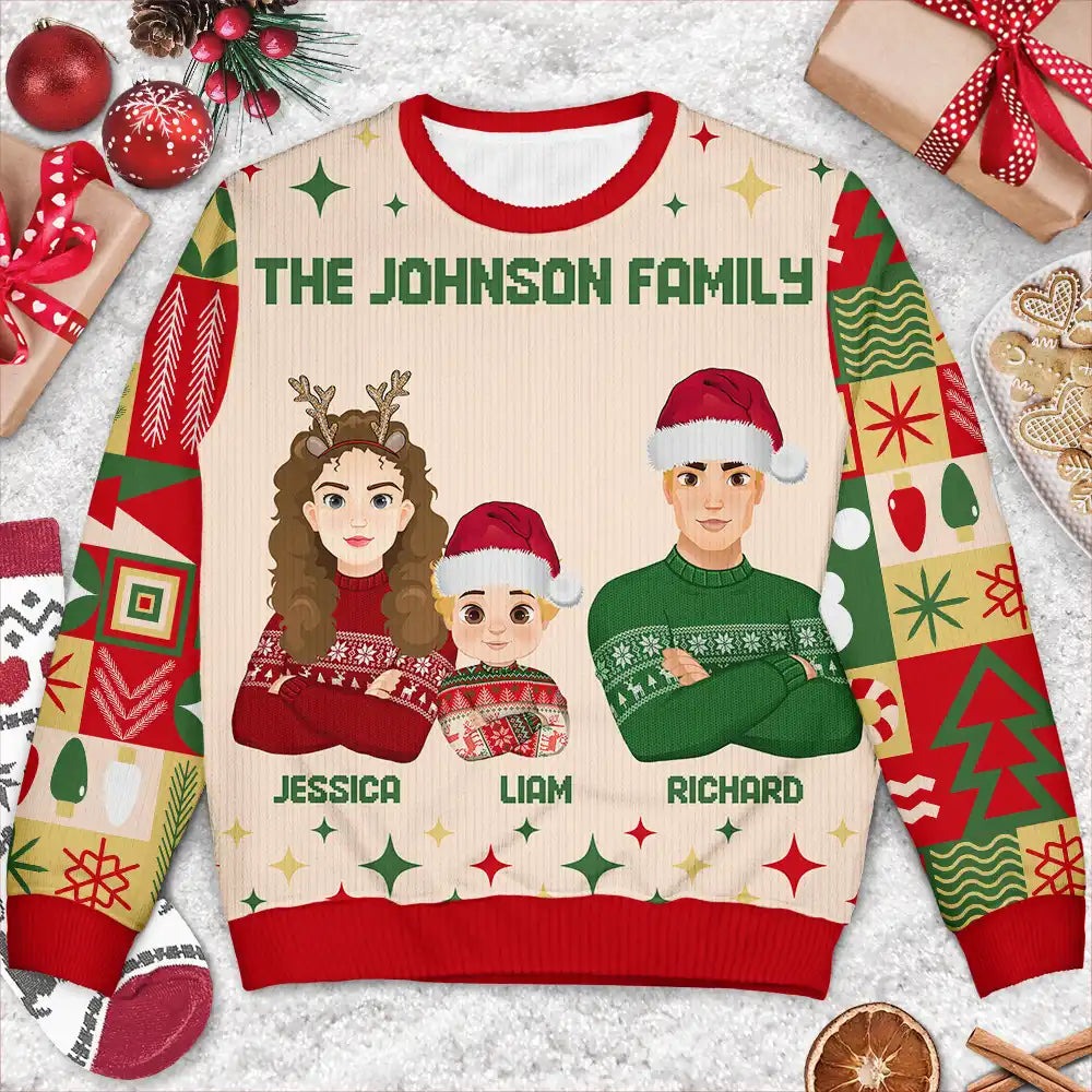 Family - Flat Art Family Square Pattern Winter Christmas Tree - Personalized Unisex Ugly Sweater