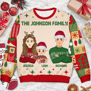 Family - Flat Art Family Square Pattern Winter Christmas Tree - Personalized Unisex Ugly Sweater