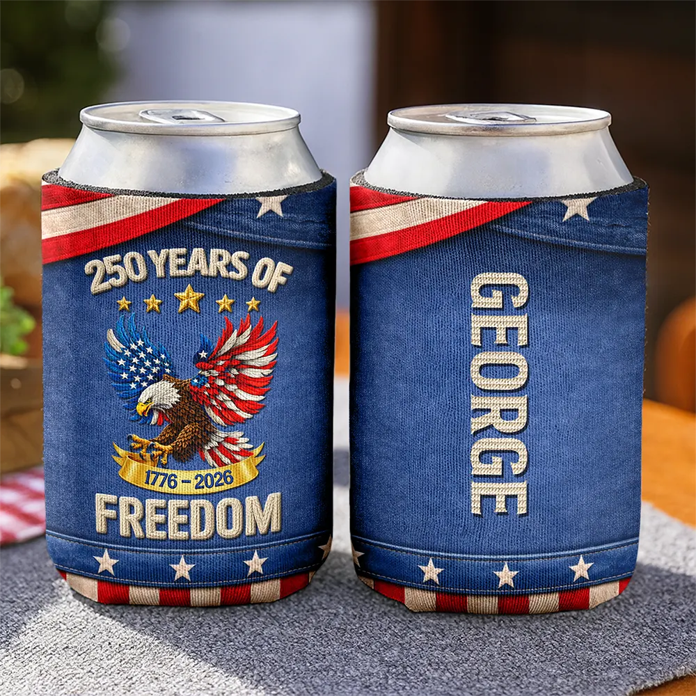 America 250 Years Of Freedom Embroidery Effect Prints - Personalized Can Cooler Sleeve