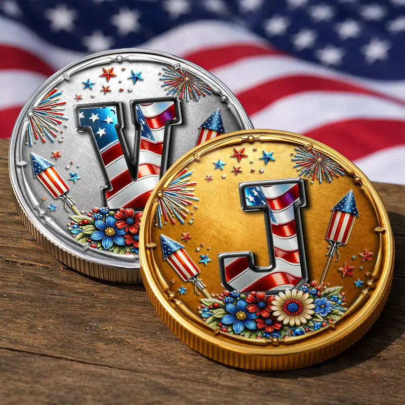America 250th,Independence Day - America Stars And Stripes Monogram Initial Custom Name - Personalized Commemorative Keepsake Coin