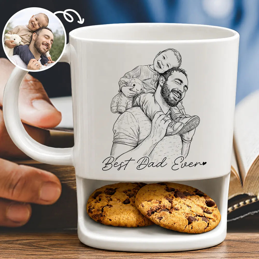 Custom Photo Pencil Sketch Best Dad Grandpa Ever Family Portrait - Personalized Cookie Mug