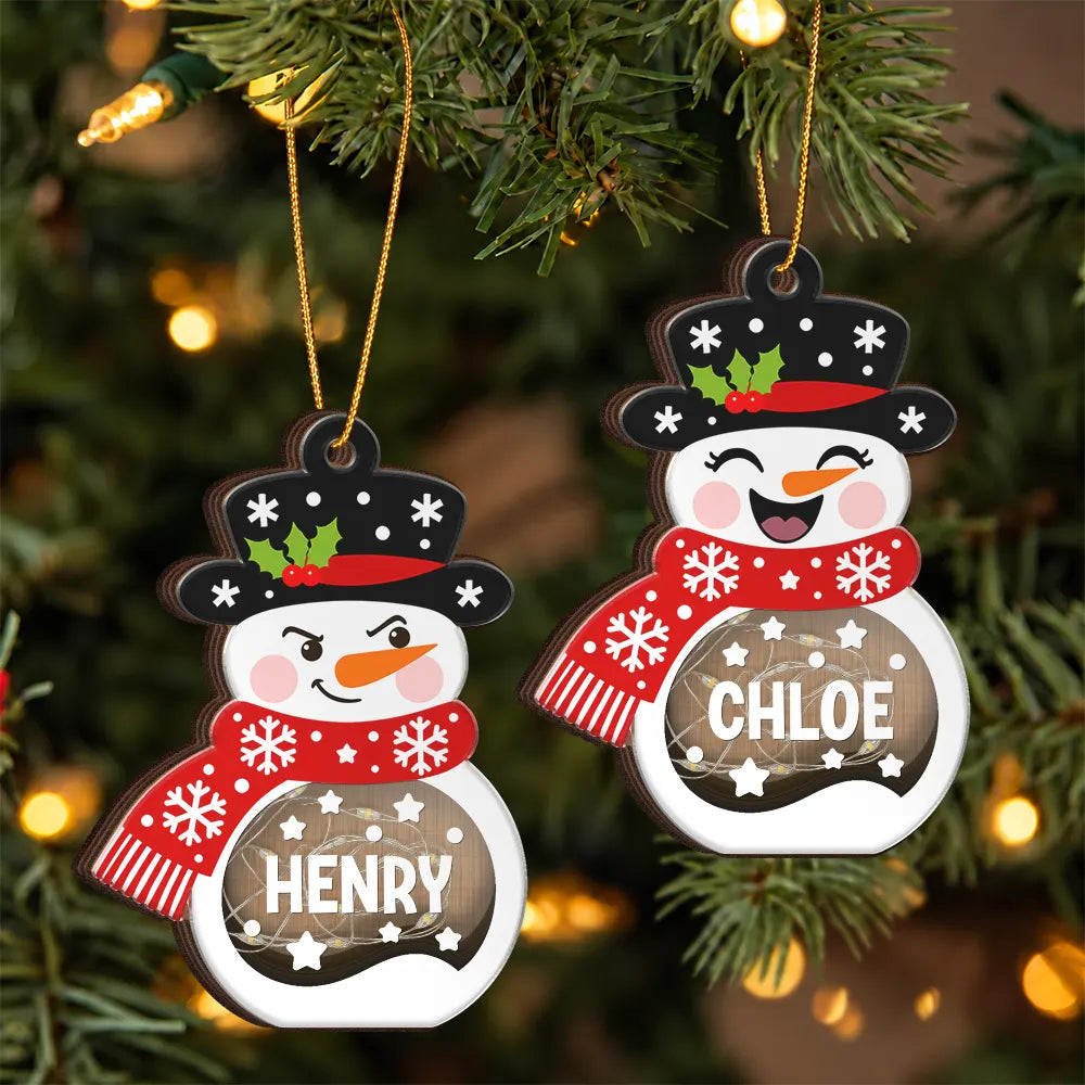 Adorable,Christmas,Custom Text,Family - Christmas Snowman For Family, Kid, Grandparent - Personalized Custom Name And Expression LED Light Wooden Ornament