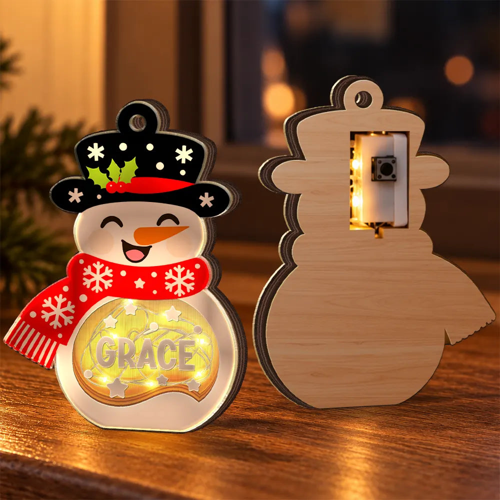 Adorable,Christmas,Custom Text,Family - Christmas Snowman For Family, Kid, Grandparent - Personalized Custom Name And Expression LED Light Wooden Ornament
