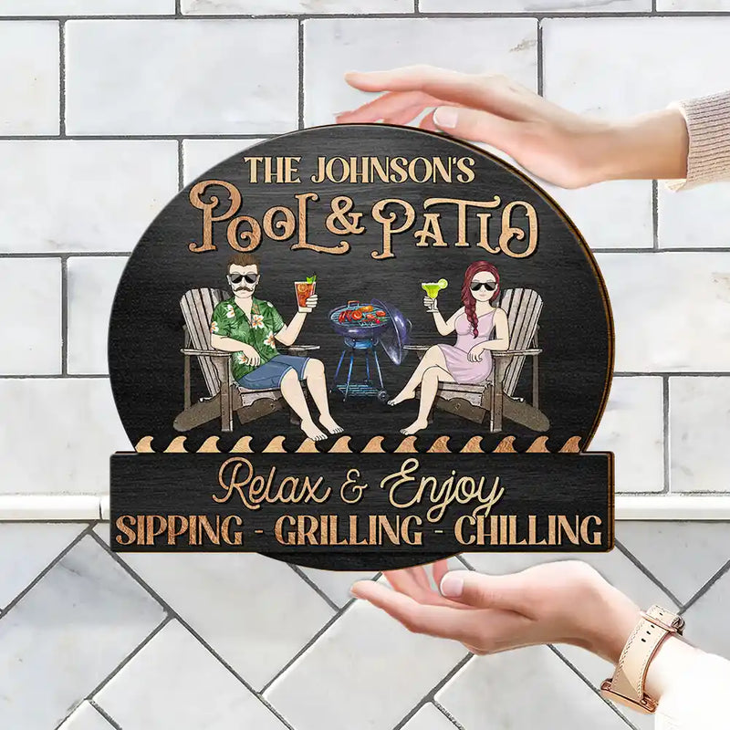 Couple Pool & Patio Sipping Chilling - Personalized Custom Shaped Wood Sign